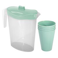 Waterkan/sapkan met deksel groen - 2,5 liter - kunststof - met 4x stuks kunststof glazen 430 ml