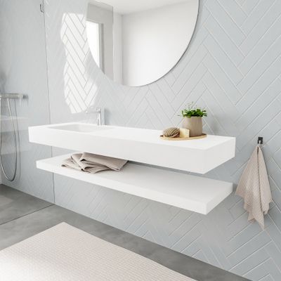 Mondiaz Alan badmeubel 150 cm solid suface planchet talc vrijhangend wastafel links 1 kraangat wit