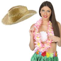 Carnaval verkleed set - Tropische Hawaii party - stro beach hoed - met volle bloemenslinger roze - thumbnail