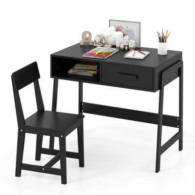 Bureau voor Kinderen met Stoel Kinderschrijfbureau Set van Hout Mooie Tafel met Lade & Opbergruimte Zwart