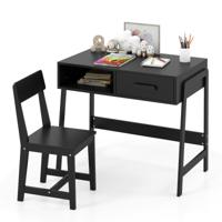 Bureau voor Kinderen met Stoel Kinderschrijfbureau Set van Hout Mooie Tafel met Lade & Opbergruimte Zwart