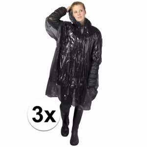 3x wegwerp regenponcho zwart