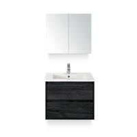 Porto Badmeubelset 70 cm - Black Oak - Keramische Wastafel Wit Slim - met Spiegelkast
