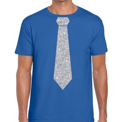 Carnaval verkleed t-shirt - met zilveren glitter stropdas - blauw - voor heren - disco - glamour