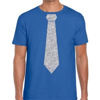 Carnaval verkleed t-shirt - met zilveren glitter stropdas - blauw - voor heren - disco - glamour