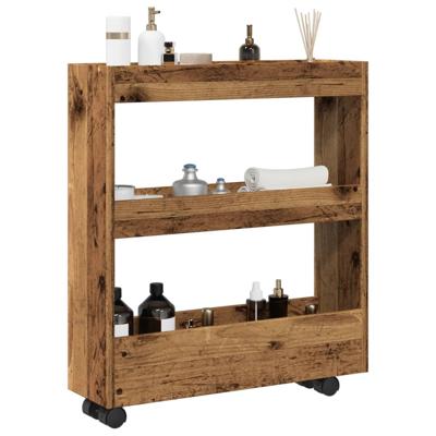 Opbergtrolley smal 3-laags bewerkt hout oud houtkleurig