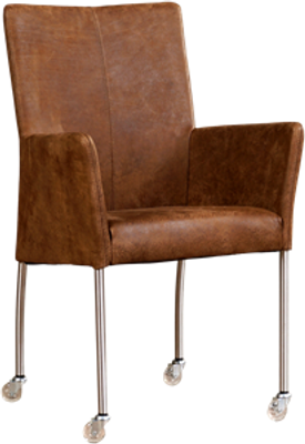 Bruine leren moderne eetkamerstoel Comfort - poot rond rvs met wiel - Kenia Leer Brown (bruin leer)