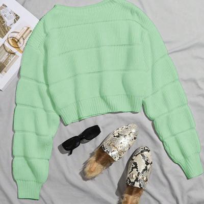 Bon&Bon Hot Pink Ribbed Knit Crop Sweater - Casual Drop Shoulder Pullover Green-2 / L