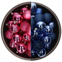 74x stuks kunststof kerstballen mix van fuchsia roze en kobalt blauw 6 cm