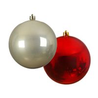 Grote decoratie kerstballen - 2x st - 14 cm - champagne en rood - kunststof - thumbnail