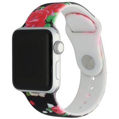Apple Watch Sport Bandje  - Rozen Print Zwart - Geschikt voor 42mm/44mm/45mm/49mm