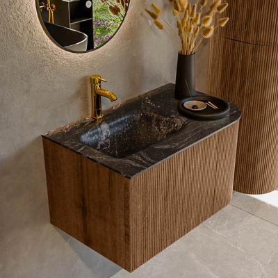 Mondiaz KURVE-DLUX 75 cm Onderkast Greeploos 1 Lade Met Deuren Walnut, Wastafel Solid Surface Links Lava 1 Kraangat Zonder Spiegel (KRVGRU75R1L1D1KL-Wal/Lav)