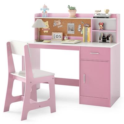 Kindertafel & Stoel Set Hout Kinderbureau met Planken & Lade Roze