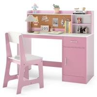 Kindertafel & Stoel Set Hout Kinderbureau met Planken & Lade Roze