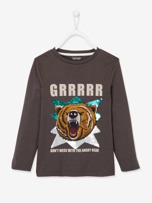 Jongens-T-shirt met berenmotief in omkeerbare pailletten effen donkergrijs met versieri