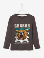 Jongens-T-shirt met berenmotief in omkeerbare pailletten effen donkergrijs met versieri - thumbnail