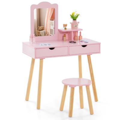 Kinder Make-Up Tafel Set 2 in 1 Kaptafel Bureau & Kruk met Afneembare Spiegel Roze