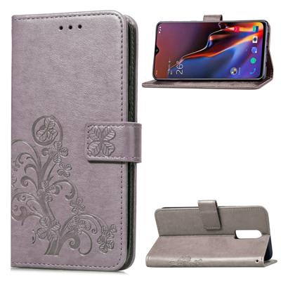 Lucky Clover ingedrukt bloemen patroon lederen draagtas voor OnePlus 6T met houder & kaartsleuven & portemonnee & hand strap (grijs)