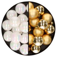 32x stuks kunststof kerstballen mix van parelmoer wit en goud 4 cm - Kerstbal - thumbnail