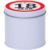 Cadeau koek of snoep blik - met 18 jaar opdruk sticker - 10 x 10 cm - Cadeauverpakking verjaardag