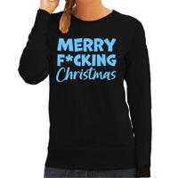 Foute kersttrui/sweater voor dames - Merry F*cking Christmas - zwart - glitter blauw