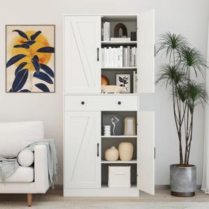 183 cm Keukenkast Moderne Boerderijstijl Kast met 4 Schuurdeuren 3 Verstelbare Planken 2 Anti-Kantelsets voor Woonkamer Eetkamer Wit