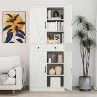 183 cm Keukenkast Moderne Boerderijstijl Kast met 4 Schuurdeuren 3 Verstelbare Planken 2 Anti-Kantelsets voor Woonkamer Eetkamer Wit
