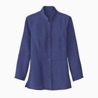 Lange linnen blouse met opstaande kraag, indigo Maat: 40 - thumbnail