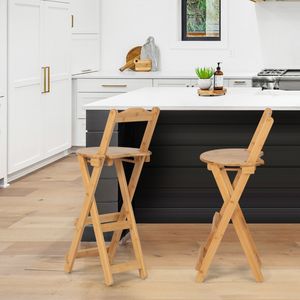 Set van 2 Bamboe Klapbare Barkrukken met Rugleuning Armloze Eetkamerstoelen voor Thuis Bistro Café 61 cm Houtkleur