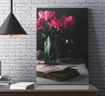 Canvas schilderij stilleven en fruit Wijnglas en vaas