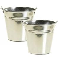 Klein zinken emmertje - 2x - zilver - 15 cm hoog - metaal - bloempot - plantenpot Klein zinken emmertje - 2x - zilver - 15 cm hoog - metaal - bloempot - plantenpot