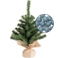 Mini kunst kerstboom groen met verlichting - in jute zak - H45 cm - blauw - Kunstkerstboom