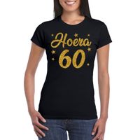 Hoera 60 jaar verjaardag cadeau t-shirt goud glitter op zwart dames - thumbnail