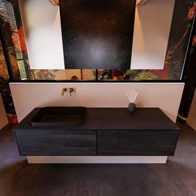 Badkamermeubelset Mondiaz Erin 150 cm met 2 Lades met RIDGE Wastafel Links Urban Zonder Kraangaten Greeploos Mat Dark Brown