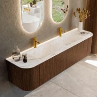 Badmeubel Mondiaz Kurve-Dlux | 180 cm | Meubelkleur Walnut | Wastafelkleur Frappe | Solid surface | Dubbele spoelbak | 2 kraangaten