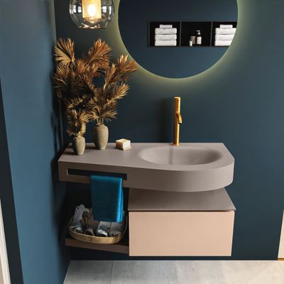 MONDIAZ RIVA 100cm badmeubel onderkast / planchet kleur Rosee met 1 lade. Wastafel DULCET rechts 1 kraangat kleur Smoke. MONDIAZ RIVA 100cm badmeubel onderkast / planchet kleur Rosee met 1 lade. Wastafel DULCET rechts 1 kraangat kleur Smoke.