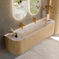 Badmeubel Mondiaz Kurve-Dlux | 170 cm | Meubelkleur Oak | Wastafelkleur Nata | Solid surface | Wasbak midden spoelbak | 2 kraangaten