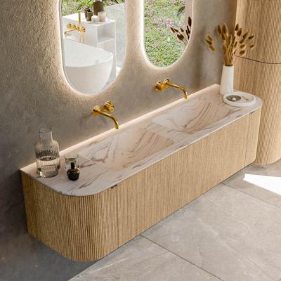 Badmeubel Mondiaz Kurve-Dlux | 170 cm | Meubelkleur Oak | Wastafelkleur Nata | Solid surface | Wasbak beide zijden spoelbak | Zonder kraangat(en)