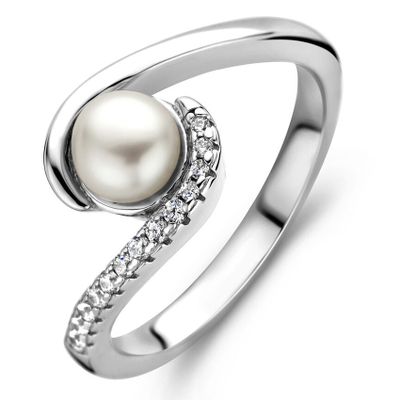Ring Rijzetting zilver-zirconia-zoetwaterparel wit 9,5 mm