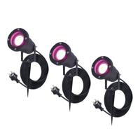 Set van 3 Sydney Smart prikspots - RGBWW - Wifi + Bluetooth - 5,5 Watt 400 lumen - IP65 Waterdicht - 1,5m netsnoer - Bestuurbaar via App - Google Home, Amazon Alexa en Siri - Zwart - Tuinspots