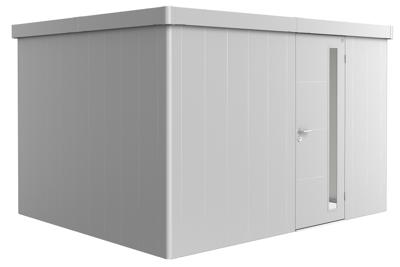 Biohort Metalen tuinhuis Neo - Enkele deur - Zilver - 3D (348x292 cm)- Plat dak- Metaal- Biohort