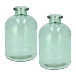 Bloemenvaas fles model - 2x - helder gekleurd glas - zeegroen - D11 x H17 cm