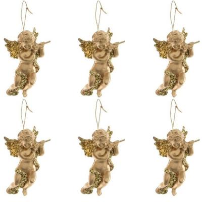 Decoris engel met dwarsfluit - 6x - goud - kunststof - 10 x 6 cm - kerstversiering - hangdecoratie