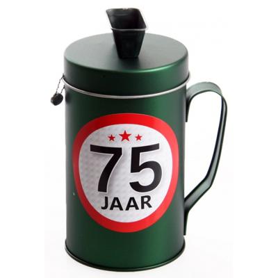 Spaarpot - 75 jaar geworden thema - verjaardag cadeau - Blik met sticker van 9 cm