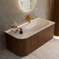 Badmeubel Mondiaz Kurve-Dlux | 105 cm | Meubelkleur Walnut | Wastafelkleur Meli | Solid surface | Wasbak rechter zijde spoelbak | 1 kraangat