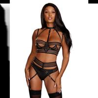Dreamgirl Zijde Gestreepte Bh, Garter Belt en G-String Set - M - Zwart