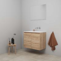 On-Line Badkamermeubelset - 80 cm - Bouwpakket - Greeploos 2 Deuren - Acryl Wastafel - zonder Kraangat - Spiegel - Eiken