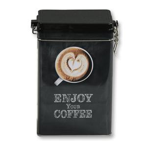 Koffie bewaarblik voor bonen - Enjoy your coffee - metaal - zwart - clipdeksel - 14 x 8 x 19 cm