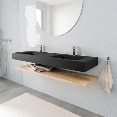 Mondiaz Alan badmeubel 150 cm planchet washed oak vrijhangend wastafel dubbel 2 kraangaten zwart