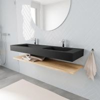 Mondiaz Alan badmeubel 150 cm planchet washed oak vrijhangend wastafel dubbel 2 kraangaten zwart